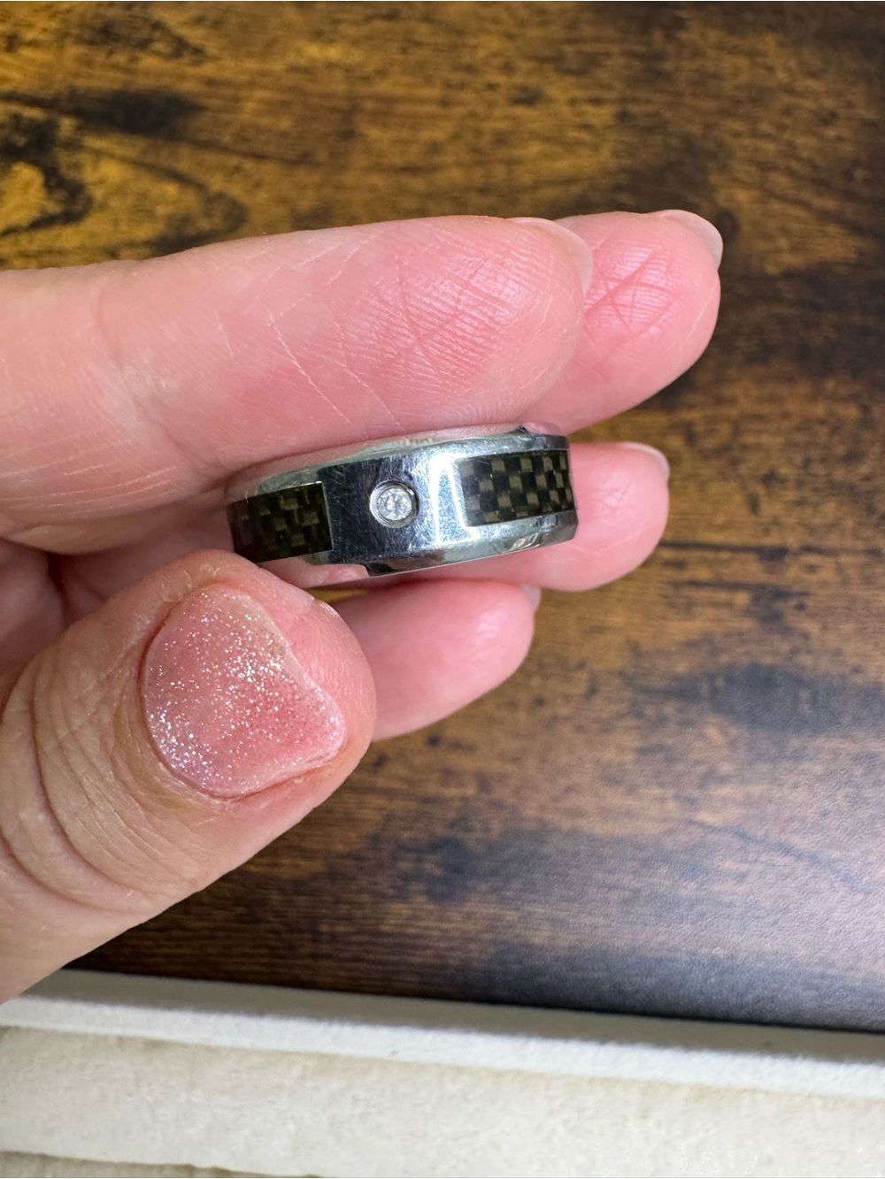 Men's Stainless Steel Ring with Black Carbon Fiber Inlay and Clear Stone
